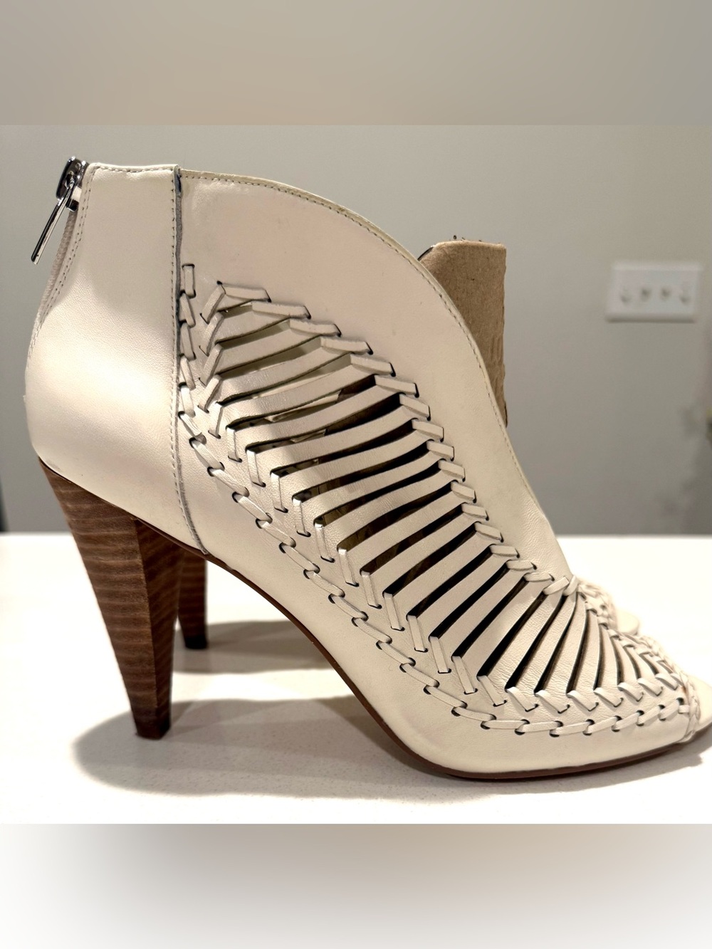 Vince Camuto Cream Woven Peep-Toe High Heel Ankle Bootie